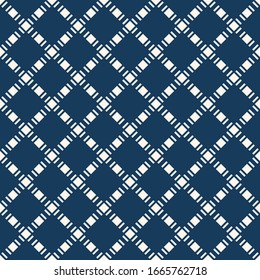 Vector seamless pattern with squares, diamond grid, net, lattice, mesh. Abstract geometric texture. Deep blue and white color. Simple minimal ornament. Elegant checkered background. Repeat design