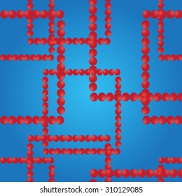 Vector seamless pattern. Squares from red balls on the blue background. Abstract bright backdrop.