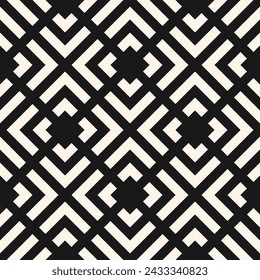 Vector seamless pattern with squares, triangles, rhombuses, arrows, grid, net, lattice, tiles. Abstract geometric texture. Black and white modern geometrical background. Simple trendy repeated design