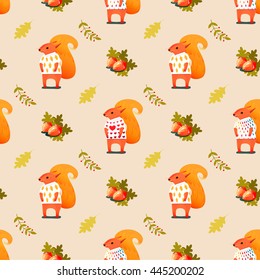 Vector seamless pattern with a squirrel in t - shirt, nuts and leaves