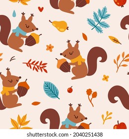 Vector seamless pattern with squirrels, acorns and falling leaves. Repeated texture with woodland animals. Cute print for kids fabric and wrapping paper. Autumnal background with forest animals.