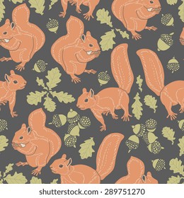 Vector seamless pattern with squirrels, acorns and oak leaves