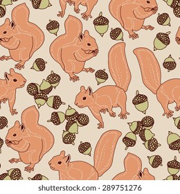 Vector seamless pattern with squirrels and acorns
