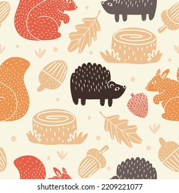 Vector seamless pattern with squirrels and hedgehogs in the forest