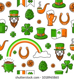 Vector seamless pattern St. Patricks Day with cauldron, rainbow, Leprechaun. Include lucky clover, hat, beer mug, horseshoe  and the flags on white background.
