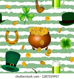 Vector seamless pattern with St. Patrick's day illustrations. Seamless pattern with clover leaves, a pot of coins, hats, a smoking pipe.