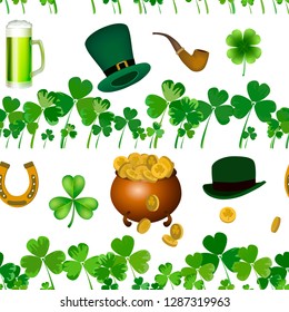 Vector seamless pattern with St. Patrick's day illustrations. Seamless pattern with clover leaves, a pot of coins, hats, a smoking pipe.