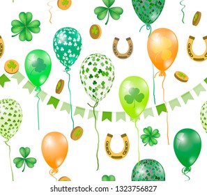 Vector seamless pattern with St. Patricks day illustrations. Seamless pattern with clover leaves, coins, inflated balls, garland of flags, horseshoe of happiness