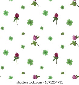 Vector seamless pattern for St. Patrick's Day. Pink and red clover flowers and quatrefoils