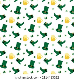 Vector seamless pattern for St. Patrick's Day. Pattern with green hat, clover and beer.