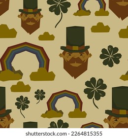 Vector seamless pattern for St. Patrick's Day celebration with many simplified icons on dark beige background. Vintage art. Stylized holiday elements set. Faded paint. Cute Leprechaun with freckles.