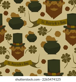 Vector seamless pattern for St. Patrick's Day with simple icons set on beige background. Cute leprechaun with red beard and freckles. Creative holiday design. Artistic vintage layout. Faded old paint.