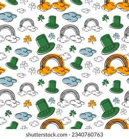 Vector seamless pattern for St. Patrick's Day celebration. Rainbows, many clouds, leprechaun top hats, hand drawn small clover leaves. Traditional elements. Festive print for advertising layout design