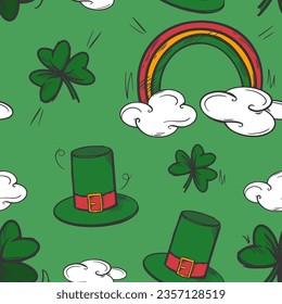 Vector seamless pattern for St. Patrick's Day celebration. Hand drawn rainbow, clouds, leprechaun top hat, big clover leaves. Stroked signs. Bright festive sketch. Print for advertising layouts design