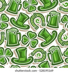 Vector Seamless Pattern St. Patrick's Day, Green cylinder hat, lucky horseshoe, magic shamrock, mug tankard with shadow closeup on white background, green wrapping fabric pattern, luck wallpaper art.