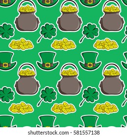 Vector seamless pattern St. Patrick's Day. Quatrefoil clover, leprechaun hat, pot of gold and a handful of coins. Holiday symbols located in the traditional green background. Usable for your design
