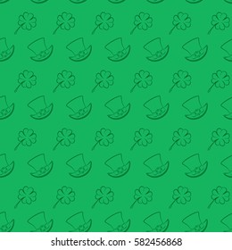Vector seamless pattern St. Patrick's Day. Clover leaf and leprechaun hat. Holiday symbols located in the traditional green background. Usable for design of packing, scrapbook, web, wallpaper, textile