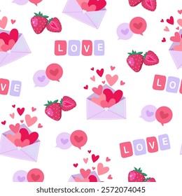 Vector seamless pattern for St. Valentine's Day holiday with romantic envelopes, hearts, strawberry etc.