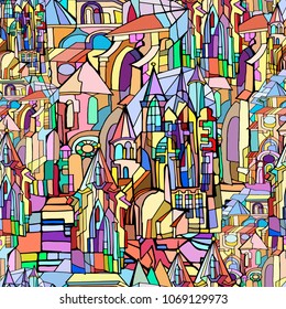 Vector seamless pattern with stained glass sketches of fictional beautiful Gothic city. Daytime. Hand drawn. 