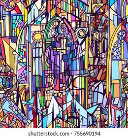 Vector seamless pattern with stained glass sketches of fictional beautiful Gothic city. Daytime. Hand drawn. 