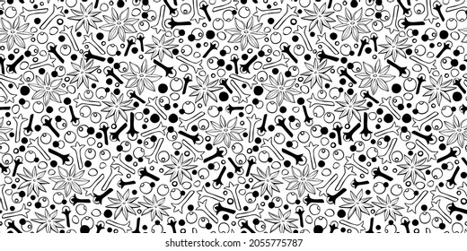 Vector seamless pattern of star anise, carnation, pepper in doodle style. Background or texture of seasonings, food additive, spices