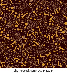 Vector seamless pattern of star anise, carnation, pepper in doodle style. Background or texture of seasonings, food additive, spices