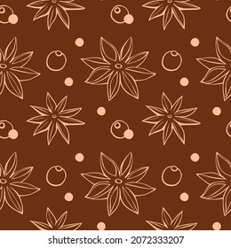 Vector seamless pattern of star anise, pepper in doodle style. Background or texture of seasonings, food additive, spice