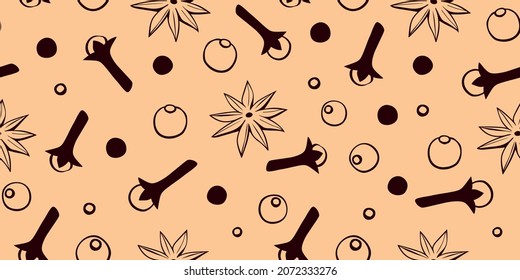 Vector seamless pattern of star anise, carnation, pepper in doodle style. Background or texture of seasonings, food additive, spices