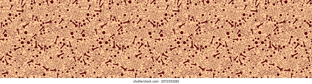 Vector seamless pattern of star anise, carnation, pepper in doodle style. Background or texture of seasonings, food additive, spices