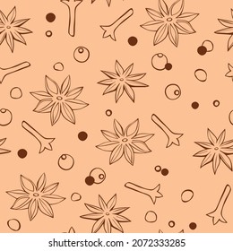 Vector seamless pattern of star anise, carnation, pepper in doodle style. Background or texture of seasonings, food additive, spices