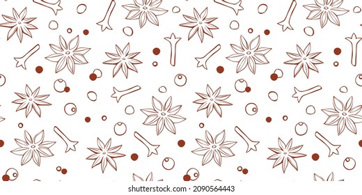 Vector seamless pattern of star anise, carnation, pepper in doodle style. Background or texture of seasonings, food additive, spices