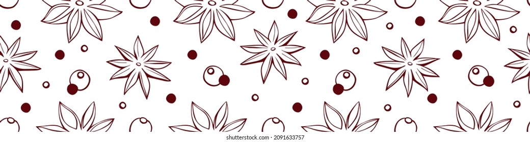 Vector seamless pattern of star anise, pepper in doodle style. Background or texture of seasonings, food additive, spice