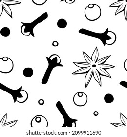 Vector seamless pattern of star anise, carnation, pepper in doodle style. Background or texture of seasonings, food additive, spices