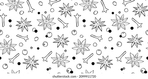 Vector seamless pattern of star anise, carnation, pepper in doodle style. Background or texture of seasonings, food additive, spices