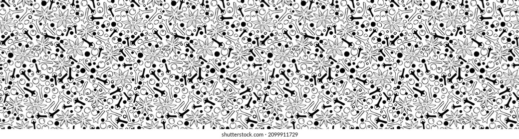 Vector seamless pattern of star anise, carnation, pepper in doodle style. Background or texture of seasonings, food additive, spices