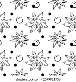 Vector seamless pattern of star anise, pepper in doodle style. Background or texture of seasonings, food additive, spice