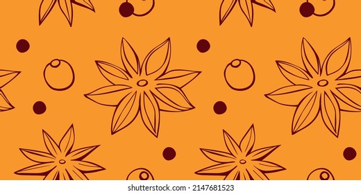 Vector seamless pattern of star anise, pepper in doodle style. Background or texture of seasonings, food additive, spice