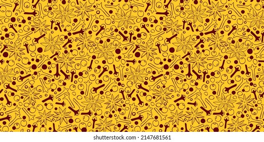 Vector seamless pattern of star anise, carnation, pepper in doodle style. Background or texture of seasonings, food additive, spices