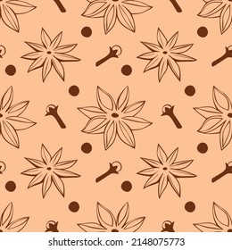 Vector seamless pattern of star anise, carnation, pepper in doodle style. Background or texture of seasonings, food additive, spices