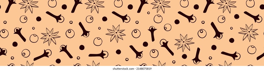 Vector seamless pattern of star anise, carnation, pepper in doodle style. Background or texture of seasonings, food additive, spices