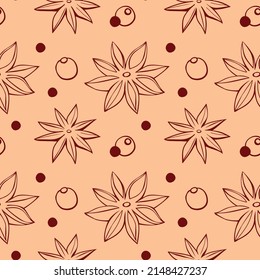 Vector seamless pattern of star anise, pepper in doodle style. Background or texture of seasonings, food additive, spice