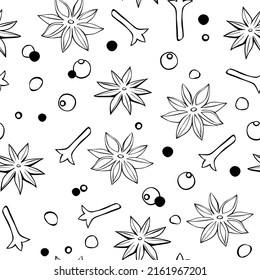 Vector seamless pattern of star anise, carnation, pepper in doodle style. Background or texture of seasonings, food additive, spices