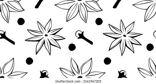 Vector seamless pattern of star anise, carnation, pepper in doodle style. Background or texture of seasonings, food additive, spices