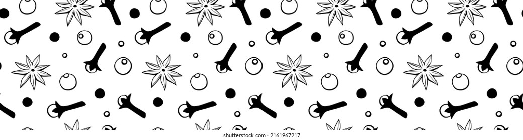 Vector seamless pattern of star anise, carnation, pepper in doodle style. Background or texture of seasonings, food additive, spices