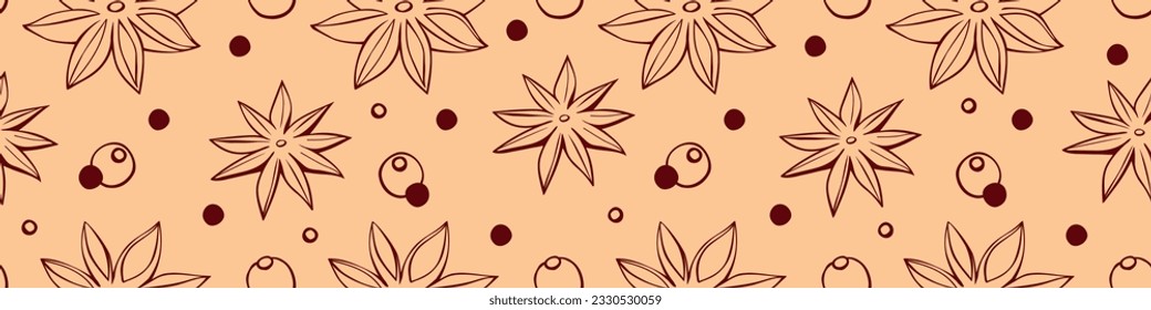 Vector seamless pattern of star anise, carnation, pepper in doodle style. Background or texture of seasonings, food additive, spices