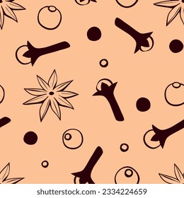 Vector seamless pattern of star anise, carnation, pepper in doodle style. Background or texture of seasonings, food additive, spices