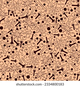 Vector seamless pattern of star anise, carnation, pepper in doodle flat style. Background or texture of seasonings, food additive, spices