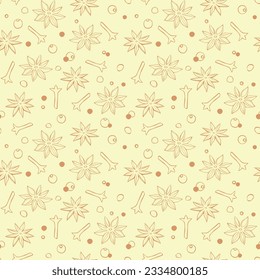 Vector seamless pattern of star anise, carnation, pepper in doodle style. Background or texture of seasonings, food additive, spices