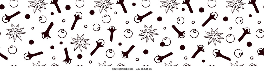 Vector seamless pattern of star anise, carnation, pepper in doodle style. Background or texture of seasonings, food additive, spices