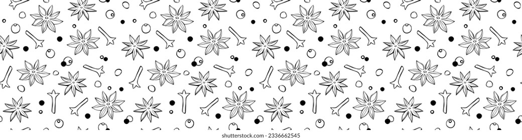 Vector seamless pattern of star anise, carnation, pepper in doodle style. Background or texture of seasonings, food additive, spices